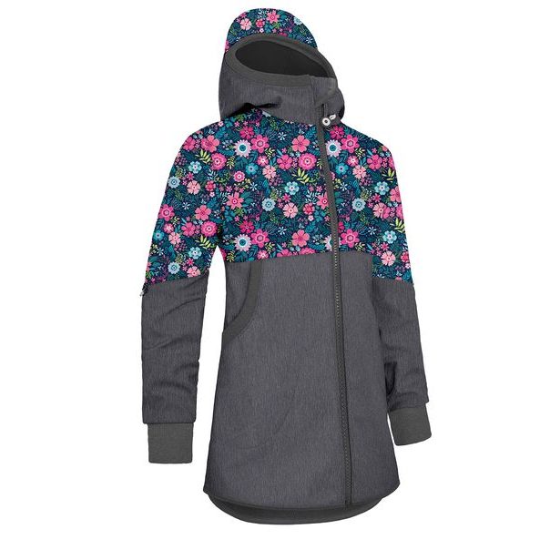 Unuo, Dívčí softshellový kabát s fleecem Street, Žíhaná Antracitová, Květinky