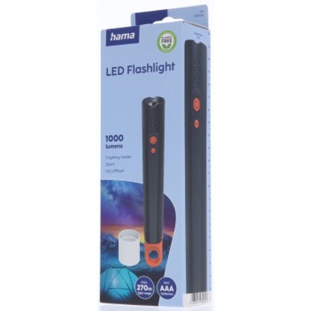 Hama FLX1000, LED svítilna, hliníková, 1000 lm / 270 m, 4 režimy+SOS, IP44, zoom, karabinka, baterie