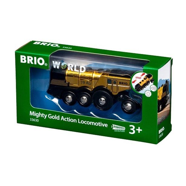 Mohutná zlatá akční lokomotiva na baterie