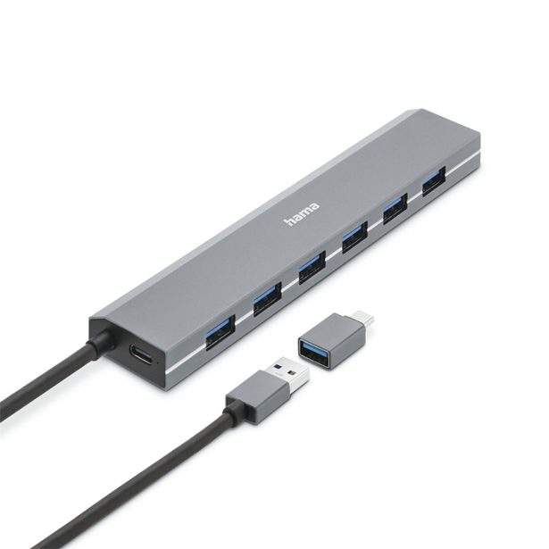 Hama USB hub, 7 portů, USB 3.2, 5 Gb/s, USB-C adaptér, síťový zdroj