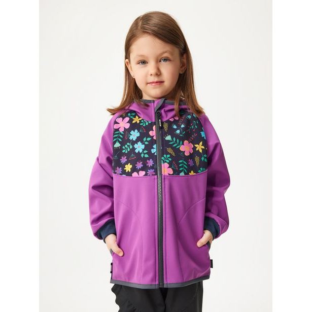 Unuo Dětská softshellová bunda bez zateplení Basic, Ostružinová, Kytičky