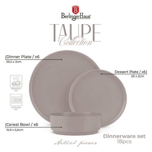 BERLINGERHAUS Jídelní sada talířů 18 ks Taupe Collection BH-10006