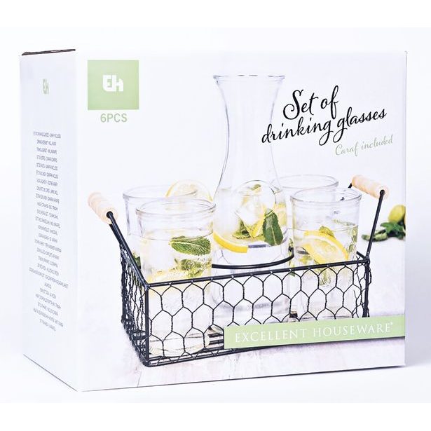 EXCELLENT HOUSEWARE Sklenice na limonádu s karafou a košíkem sada 6 ks 1l KO-CD1001110