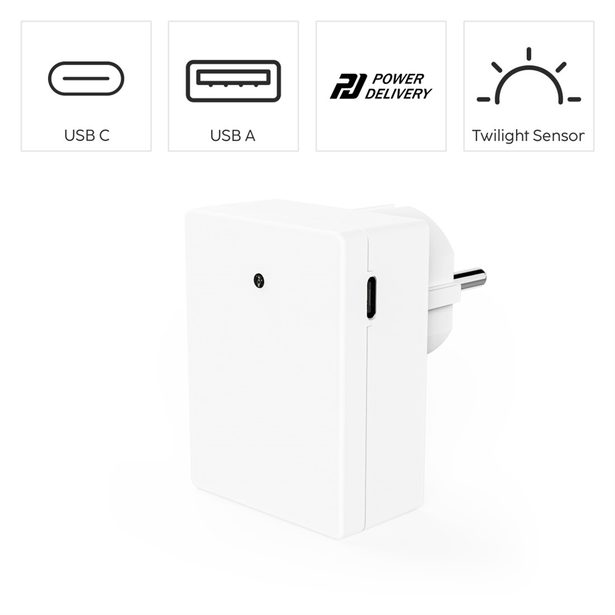 Hama noční/orientační LED světlo, do zásuvky, 1x USB-A, 1x USB-C, soumrakový senzor