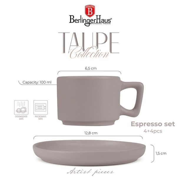 BERLINGERHAUS Sada hrnků na espresso s podšálkem 8 ks 100 ml Taupe Collection BH-10016