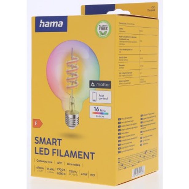 Hama SMART WiFi LED žárovka, Matter, E27, G95 Filament, koule, RGBW, stmívatelná, aplikace