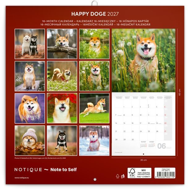 NOTIQUE Poznámkový kalendář Happy Doge 2027, 30 x 30 cm