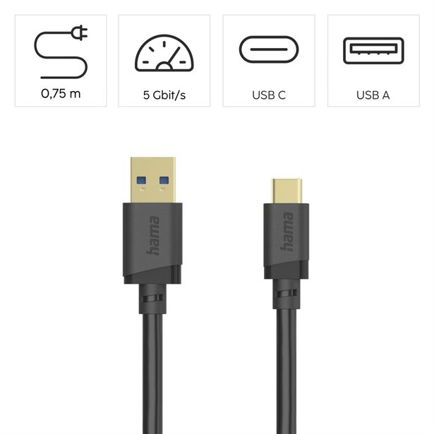 Hama USB A-C kabel 0,75 m, USB 3.2 Gen1 5 Gb/s, černý