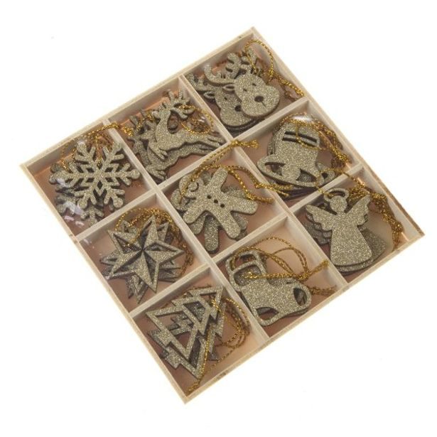 dekorace 36ks VÁNOČNÍ OZDOBY ZLATÉ, závěs, dřevo