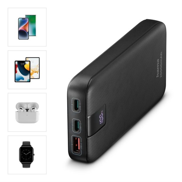 Hama PD 20 powerbanka, 20000 mAh, 3 výstupy: 1x USB-C, 2x USB-A, LED displej, PD, Qualcomm