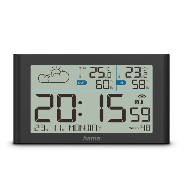 Hama Sylt, meteostanice, bezdrátový senzor, DCF hodiny, teplota, vlhkost, počasí, baterie, černá