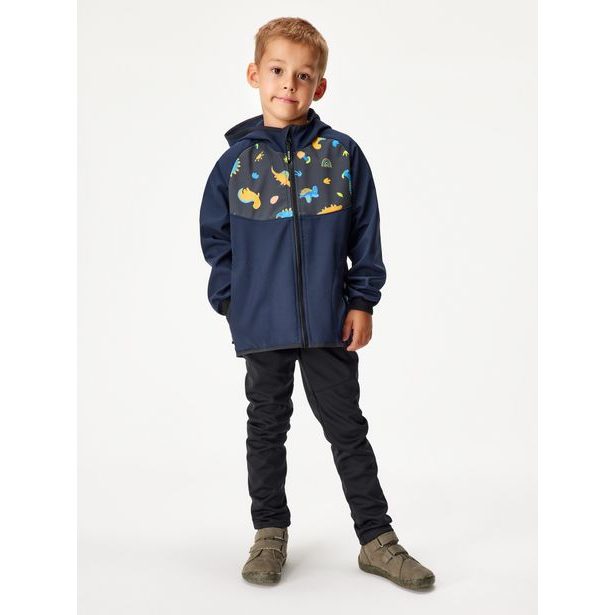 Unuo, Dětská softshellová bunda s fleecem Basic, Tm. Modročerná, Dinosauři