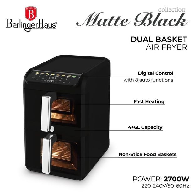 BERLINGERHAUS Horkovzdušná fritéza digitální dvojitá 4+6 l Matte Black Collection BH-9926