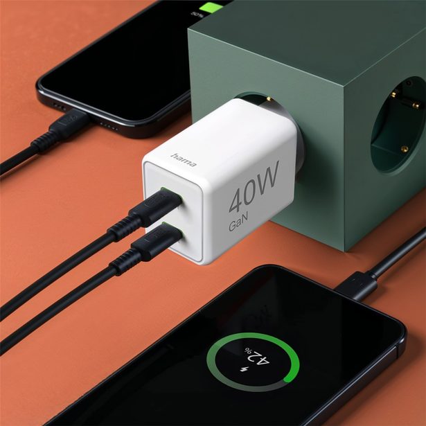 Hama rychlá USB nabíječka, 2x USB-C PD/QC, 40 W, super-mini