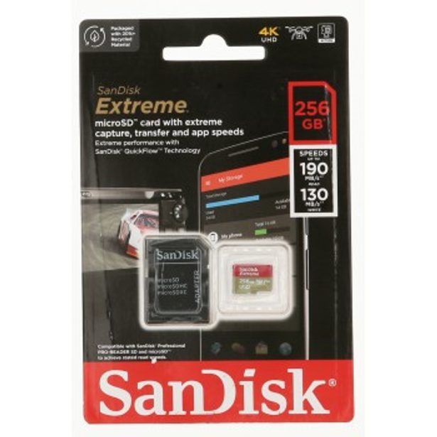 SanDisk Extreme microSDXC 256 GB + SD Adapter 190 MB/s and 130 MB/s Read/Write A2 C10 V30 UHS-I U3