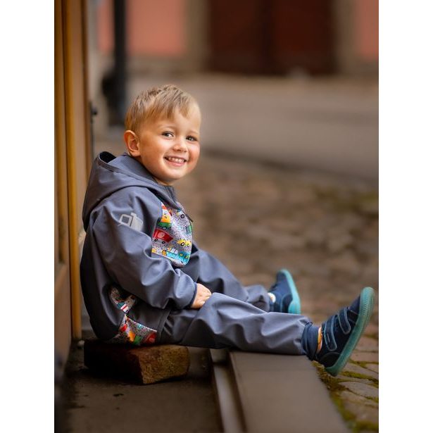 unuo Batolecí softshellové kalhoty bez zateplení Antracitové + reflexní obrázek Evžen (Softshell toodler trousers non warm)