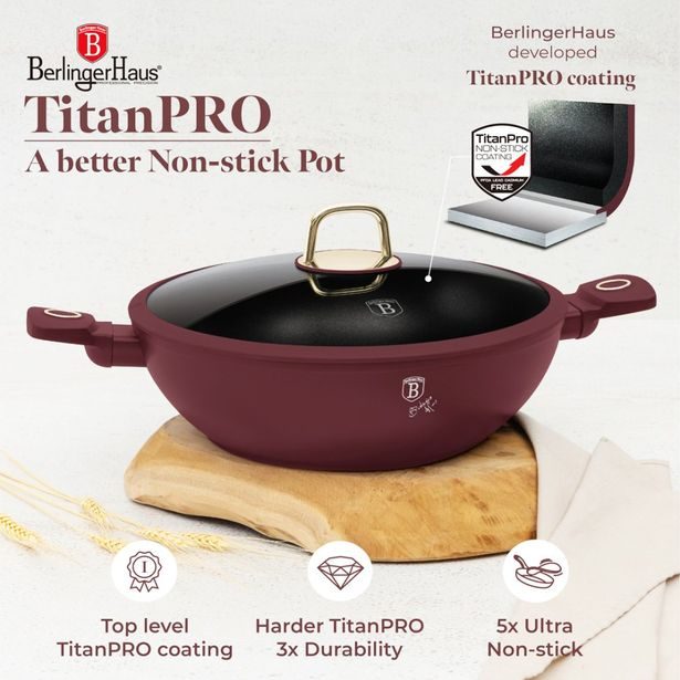 BERLINGERHAUS Pánev wok s poklicí a titanovým povrchem 30 cm Leonardo Collection BH-8035