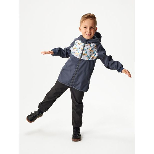 Unuo, Dětská softshellová bunda bez zateplení Basic, Tm. Šedá, Bagry