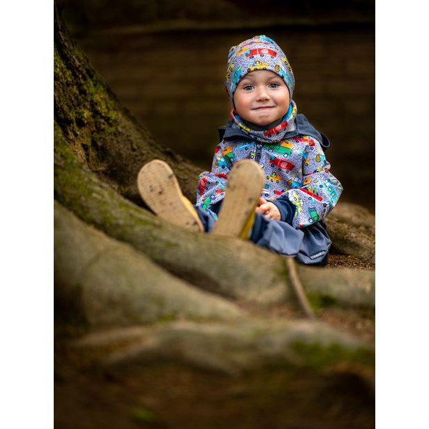 unuo Batolecí softshellové kalhoty s fleecem Antracitové + reflexní obrázek Evžen (Softshell toodler trousers)