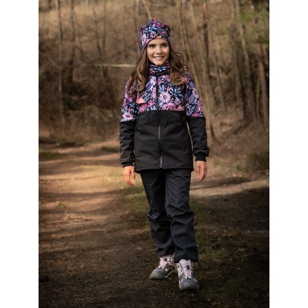 Unuo, Dívčí softshellový kabát s fleecem Street, Černá, Kouzelné květiny
