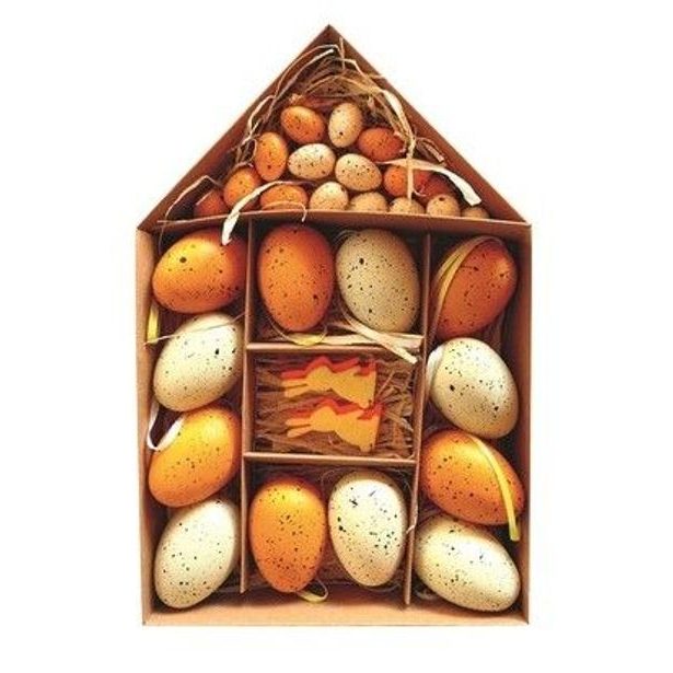 dekorace VAJÍČKA ORANŽ, 28ks MIX velik.,plast, domek krabička