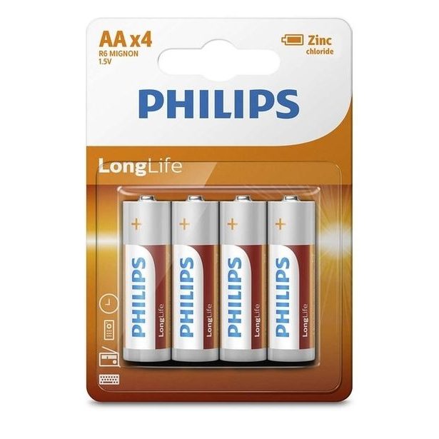 baterie PHILIPS AA R6 1,5V, Tužková, ZnCl (krab.48ks=12x4ks)