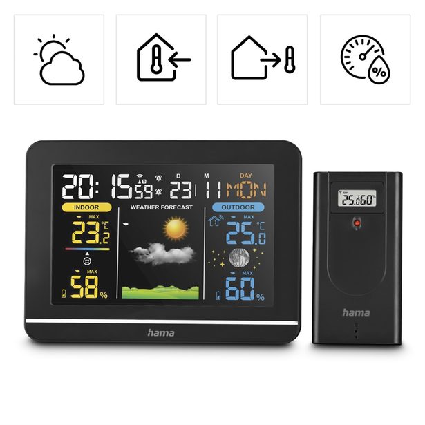Hama Usedom, meteostanice, bezdrátový senzor, barevný VA displej, síťový zdroj, baterie