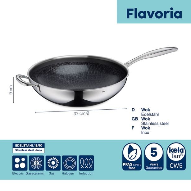 KELA Pánev wok nerez s nepřilnavým povrchem Flavoria 32 cm, 4,5 l KL-10242
