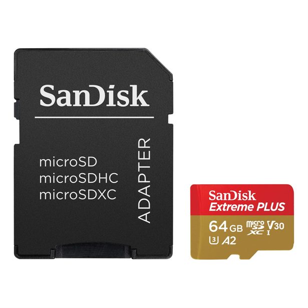 SanDisk Extreme PLUS microSDXC 64GB + SD Adapter 200MB/s and 90MB/s A2 C10 V30 UHS-I U8