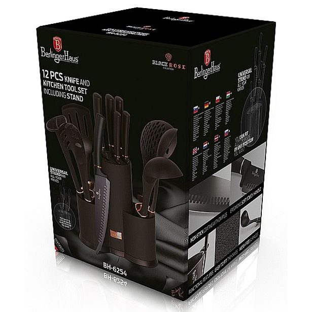 BERLINGERHAUS Sada nožů a kuchyňského náčiní ve stojanu 12 ks Black Rose Collection BH-6254