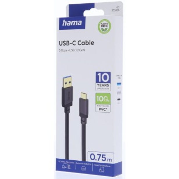 Hama USB A-C kabel 0,75 m, USB 3.2 Gen1 5 Gb/s, černý