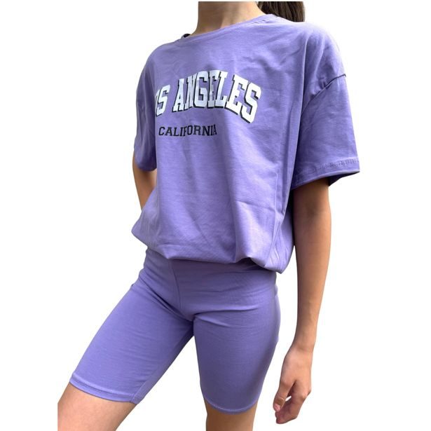 Komplet oversize triko LOS ANGELES + kraťasy fialový