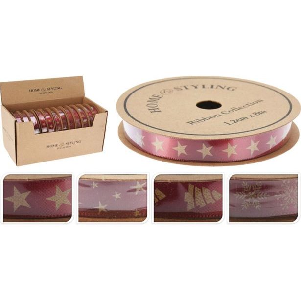 stuha text. 1,2cm x 8,0m, červená, mix druhů, dárková