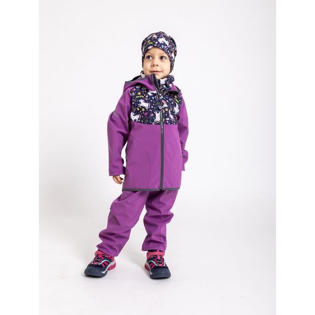 Unuo, Batolecí softshellové kalhoty s fleecem, Ostružinová, Jednorožci (Softshell toodler trousers)