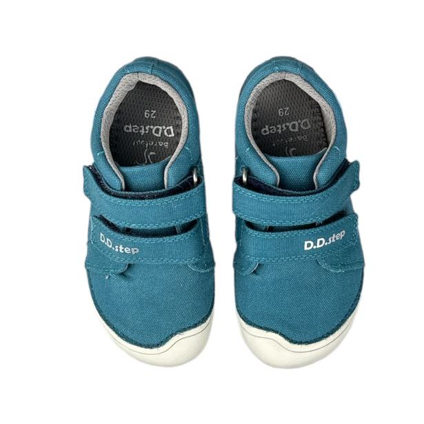 DDstep dětské plátěné BAREFOOT boty - Modré s autíčkem