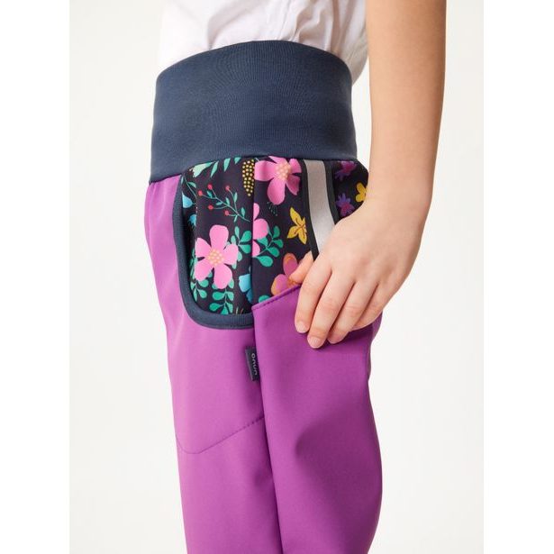 Unuo Dětské softshellové kalhoty s fleecem Basic, Ostružinová, Kytičky