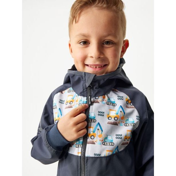 Unuo, Dětská softshellová bunda bez zateplení Basic, Tm. Šedá, Bagry