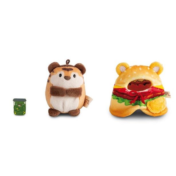 NICI NICI plyš MyMochi Tygr Tiggy 8cm v kostýmu hamburger a okurkou,set dárkové balení 8,5x6,5x10cm