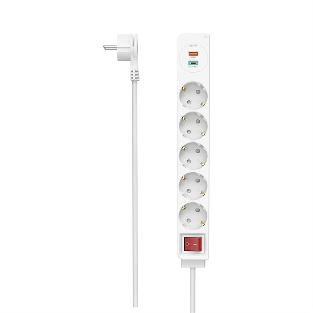 Hama prodlužovací přívod, 5x zásuvka schuko, USB-C PD/USB-A QC 18 W, 1,4 m