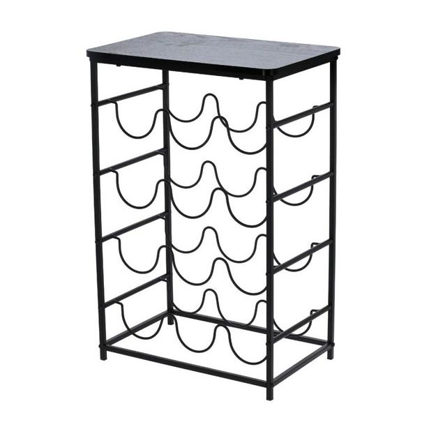 EXCELLENT HOUSEWARE Kovový stojan na víno a akátový odkládací stolek 12 lahví černá KO-HZ1240380cern