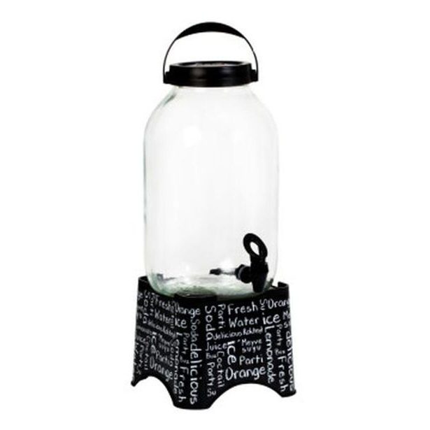 láhev 5,0l sklo s kohoutem, černý plast.stojan s nápisy