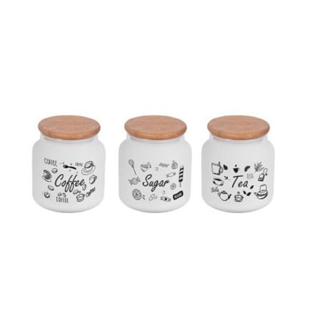 dóza 0,64l, d10x11cm, TEA, COFFEE,SUGAR sklo/dřev.víko