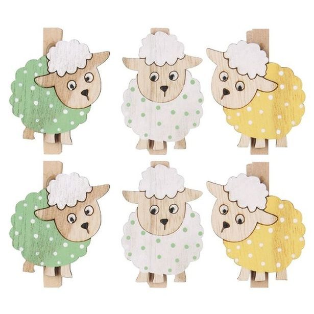 dekorace OVEČKY na kolíčku, 4cm, dřevo, 6ks