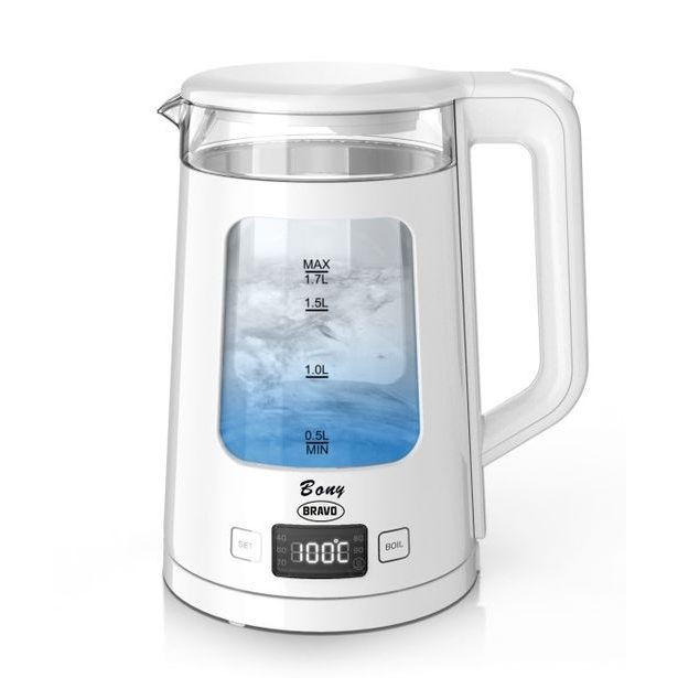 konvice var. 1,7l B-4999, BONY, dvouplášť. s regulací, sklo, bílá