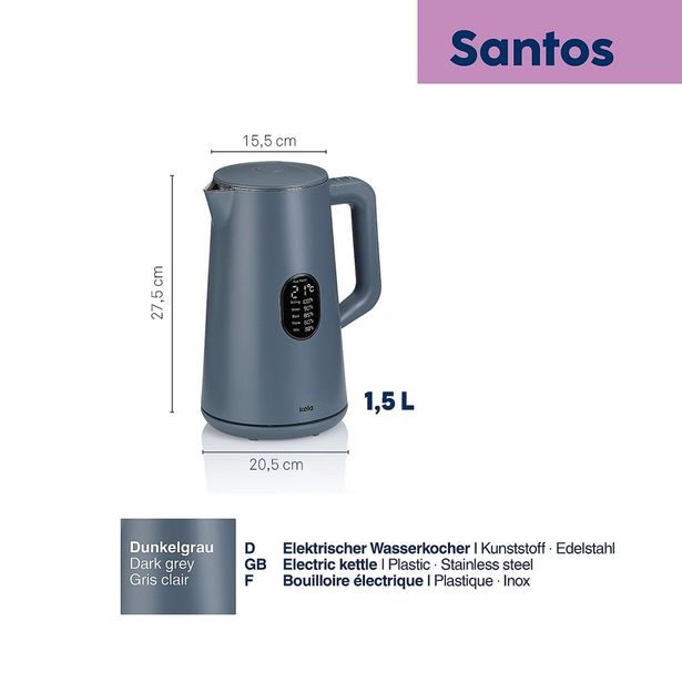 KELA Rychlovarná konvice Santos tmavě šedá 1,5l KL-10135