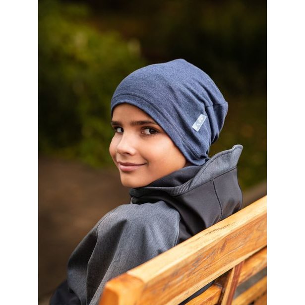 unuo teplákovinová čepice spadená, Jeans melír