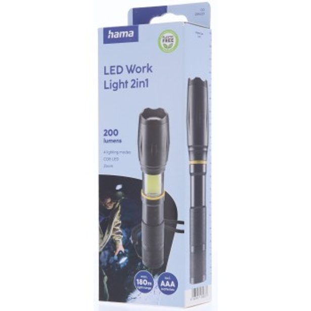 Hama W200, LED svítilna, hliníková, 200 lm / 180 m, 3 režimy, zoom, COB, poutko, baterie