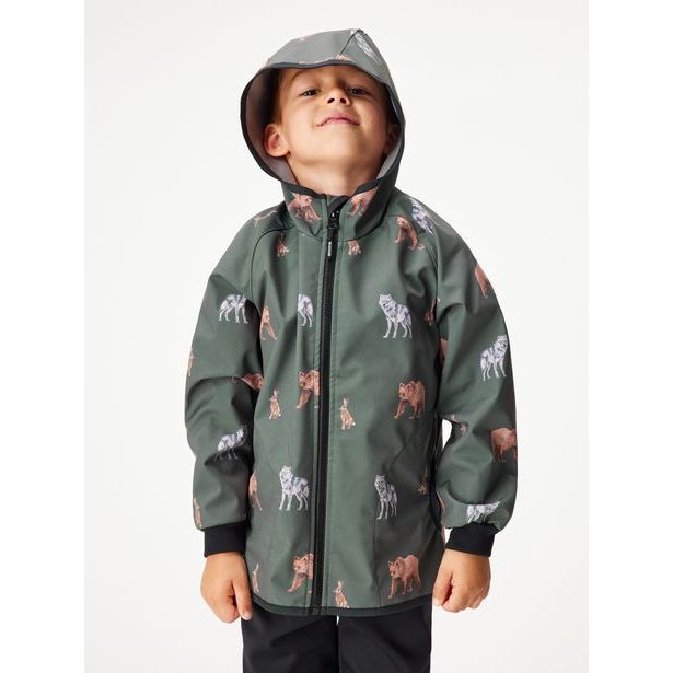 Unuo, Dětská softshellová bunda s fleecem Basic, Khaki, Lesní zvířata