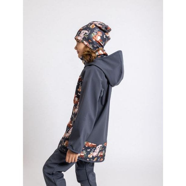 Unuo, Dětská softshellová bunda s fleecem, Tm. Šedá, Zajíček