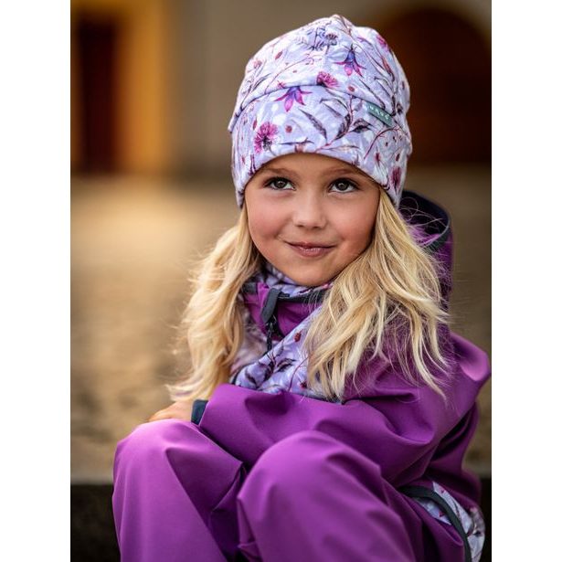 Unuo, Batolecí softshellové kalhoty s fleecem, Ostružinová + reflexní obrázek Evžen (Softshell toodler trousers)